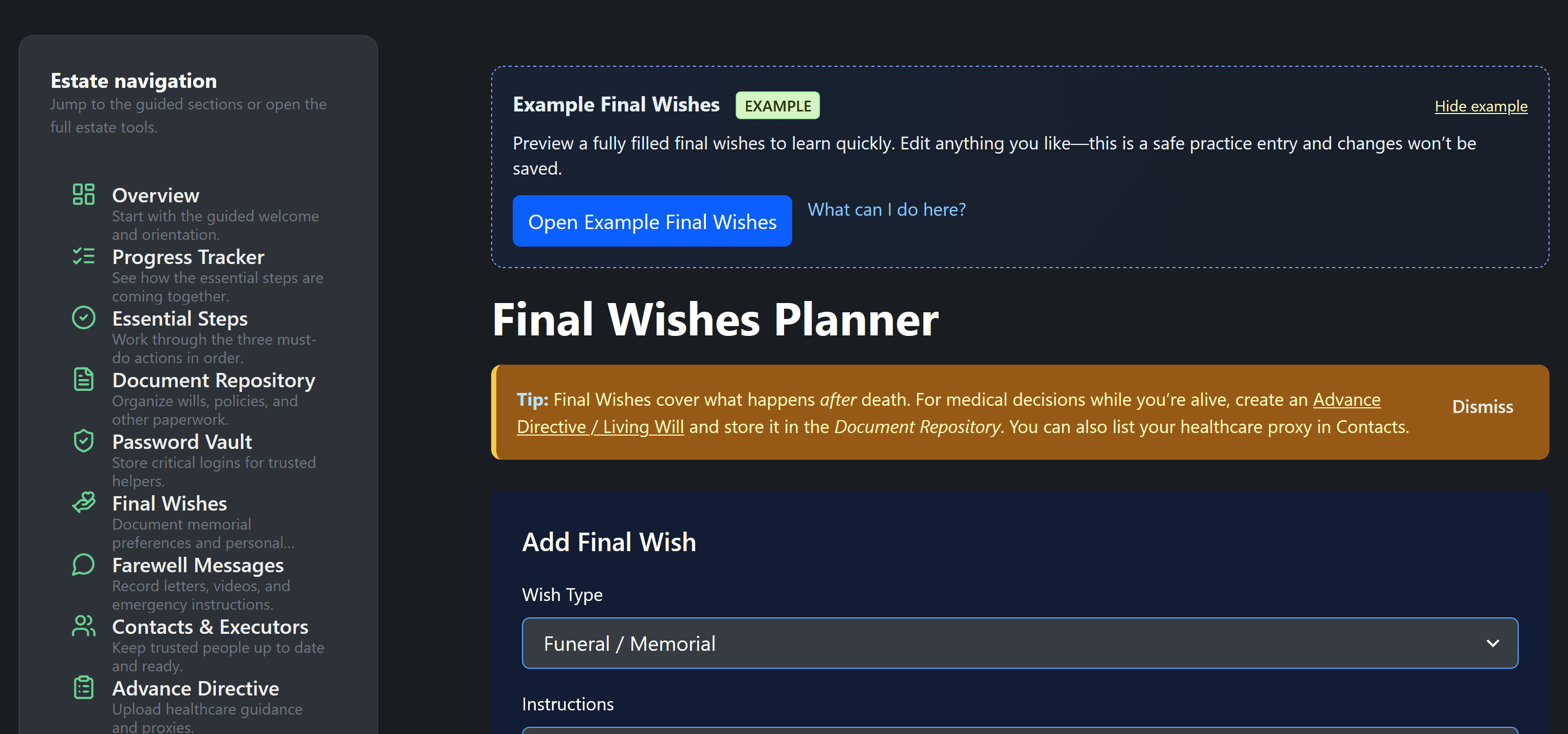 Screenshot of the Final Wish Planner in Bigtoa