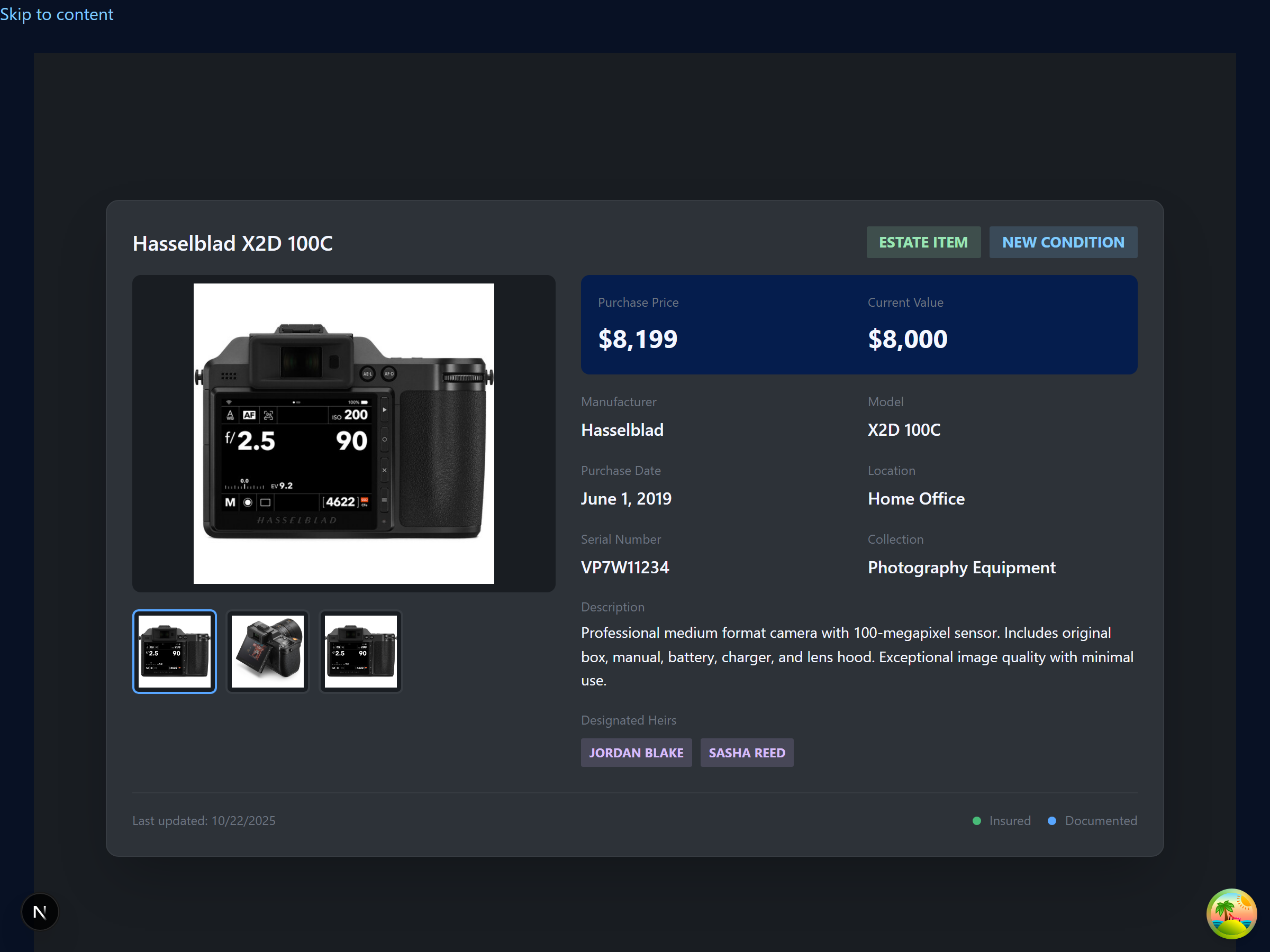 Bigtoa item documentation interface showing a vintage camera with details, photos, and value tracking